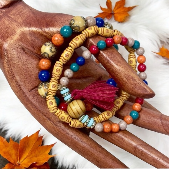 Jewelry - Bohemian Multicolour Beaded Elasticized Bracelets Set of 3